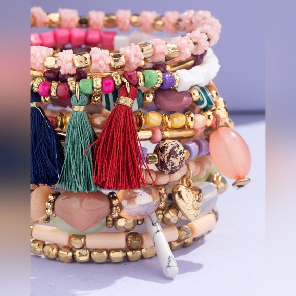 Pink Bohemian Multi Strand Stretch Bracelet w Tassles & Charms - Picture 5 of 5